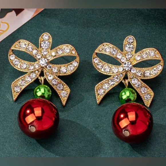 Elegant Gold Bow Earrings with Red and Green Accents - Picture 2 of 4